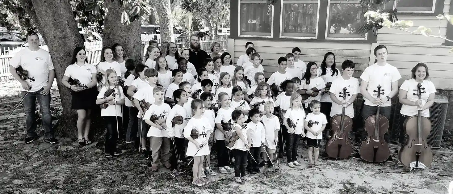 Panama City Youth Orchestra group photo in black and white